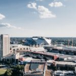 Mercedes-Benz Stadium - an aerial view of a city with tall buildings