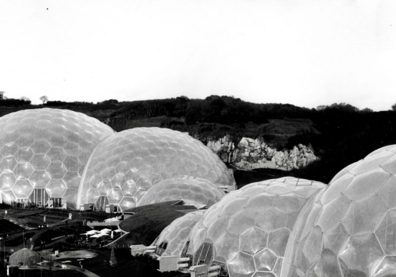 Eden Project - grayscale photo of a round glass ball