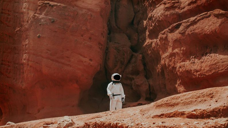 Mars Habitat - photography of astronaut standing beside rock formation during daytime